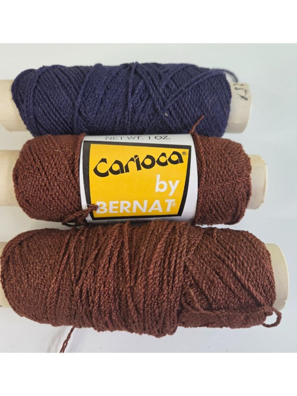 Vtg Bernat Carioca Yarn Bundle Lot Spools Chestnut Brown Navy Blue 1 Oz Each
